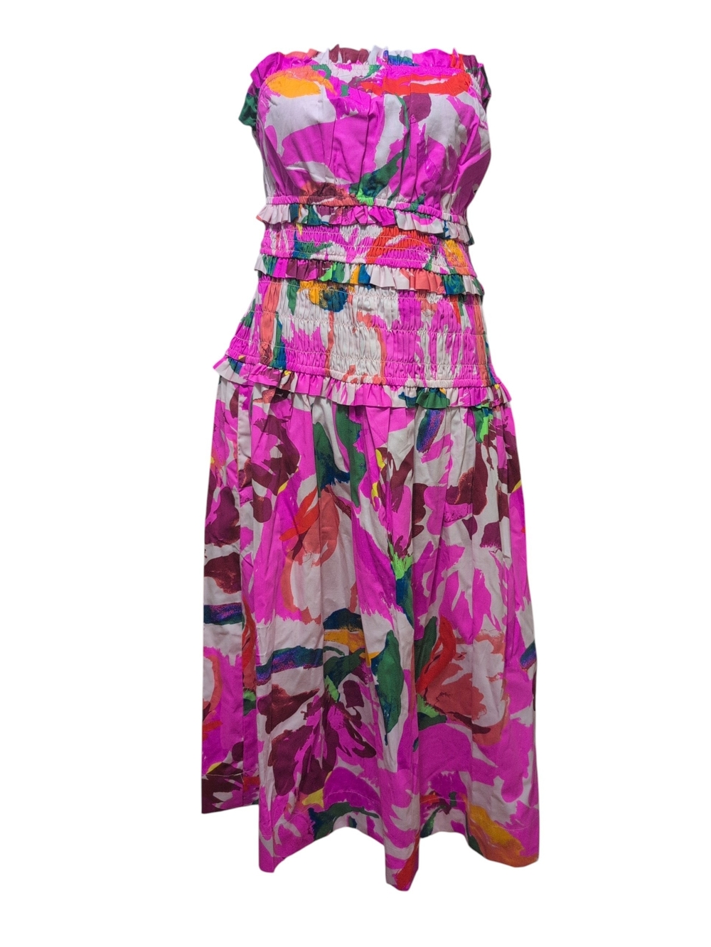 Free Assembly Pink Orange Abstract Strapless Smocked Midi Dress NWT Small 4-6